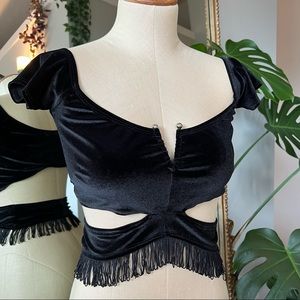 Elegant Black Velvet Fringe Crop Top